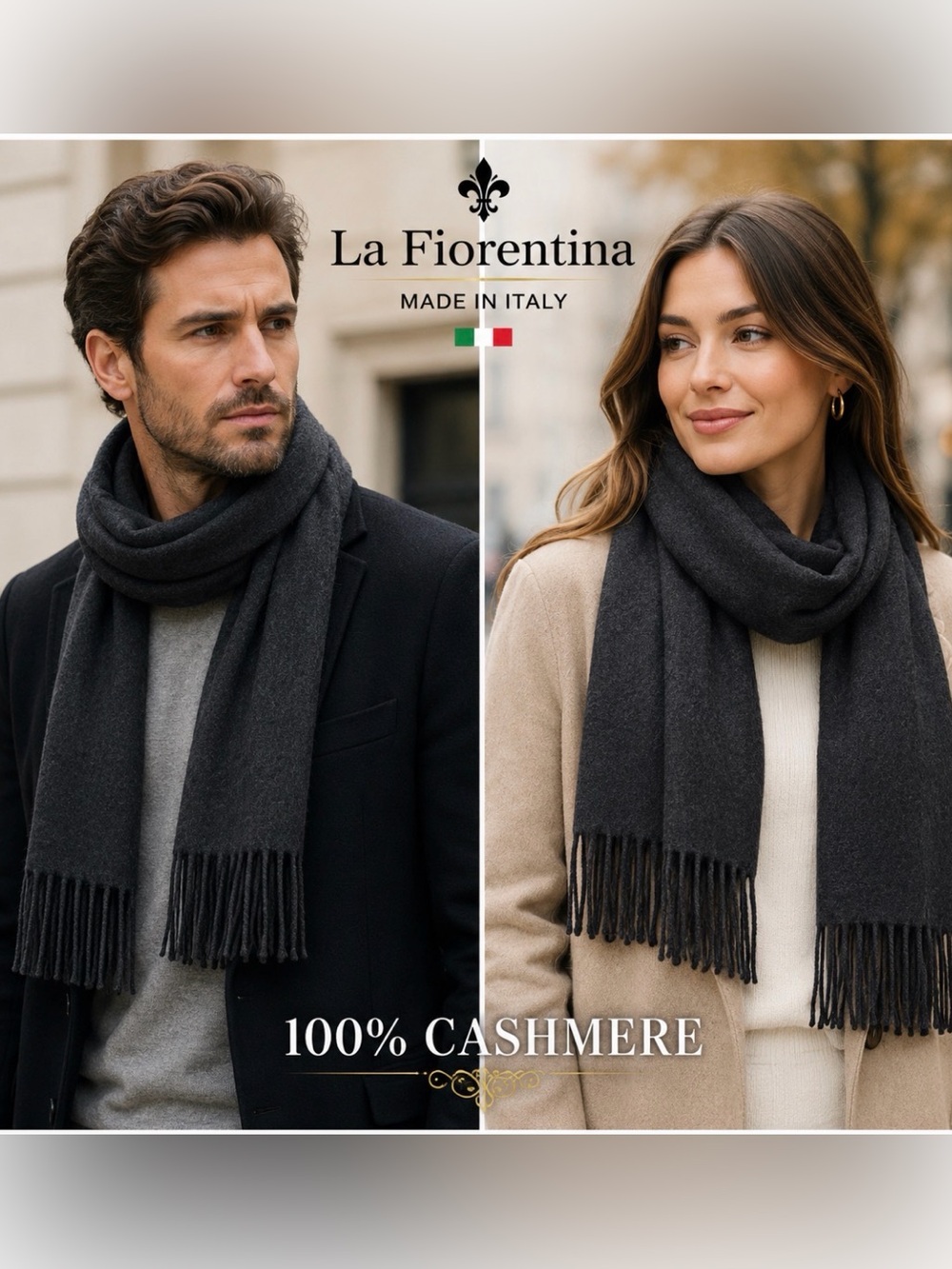 La Fiorentina 100% Cashmere Fringe Scarf 11x68 Charcoal Gray Made Italy Luxury